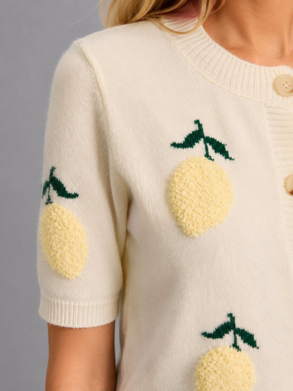 Women’s Beige Lemon Embroidered Knit Button Front Short Sleeve Cardigan Top - Picture 3 of 7